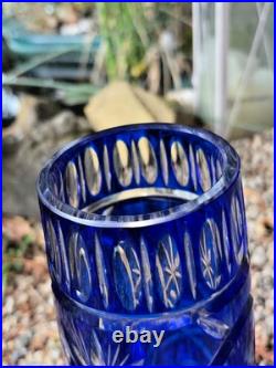 Ancien Vase En Cristal Doublé Bleu Cobalt Taillé Main Floral/Étoiles H 29 CM