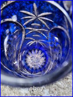 Ancien Vase En Cristal Doublé Bleu Cobalt Taillé Main Floral/Étoiles H 29 CM