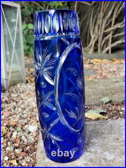 Ancien Vase En Cristal Doublé Bleu Cobalt Taillé Main Floral/Étoiles H 29 CM