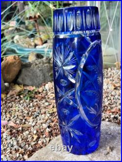 Ancien Vase En Cristal Doublé Bleu Cobalt Taillé Main Floral/Étoiles H 29 CM