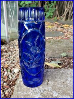 Ancien Vase En Cristal Doublé Bleu Cobalt Taillé Main Floral/Étoiles H 29 CM