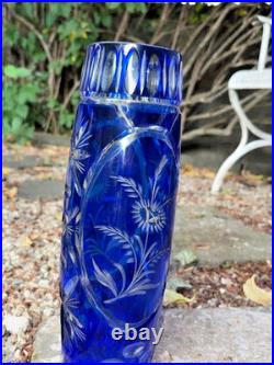 Ancien Vase En Cristal Doublé Bleu Cobalt Taillé Main Floral/Étoiles H 29 CM