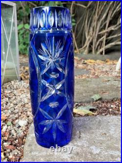 Ancien Vase En Cristal Doublé Bleu Cobalt Taillé Main Floral/Étoiles H 29 CM