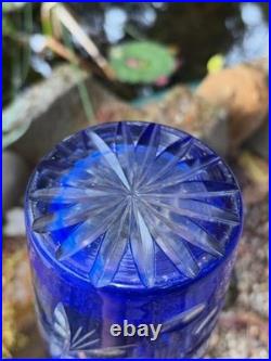 Ancien Vase En Cristal Doublé Bleu Cobalt Taillé Main Floral/Étoiles H 29 CM