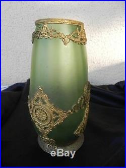 Ancien Vase En Pate De Verre Givré Monture Empire, Daum Nancy