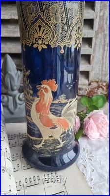 Ancien Vase En Verre Emaille Decor Coq Legras