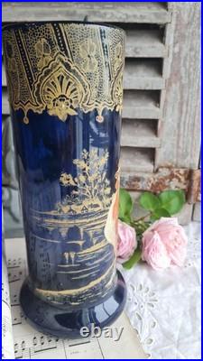Ancien Vase En Verre Emaille Decor Coq Legras