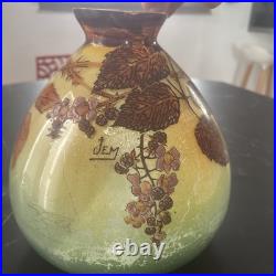 Ancien Vase En Verre Émaillé Jem (joseph Mure) Décor Floral En Relief