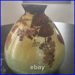 Ancien Vase En Verre Émaillé Jem (joseph Mure) Décor Floral En Relief