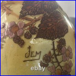 Ancien Vase En Verre Émaillé Jem (joseph Mure) Décor Floral En Relief
