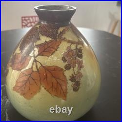 Ancien Vase En Verre Émaillé Jem (joseph Mure) Décor Floral En Relief
