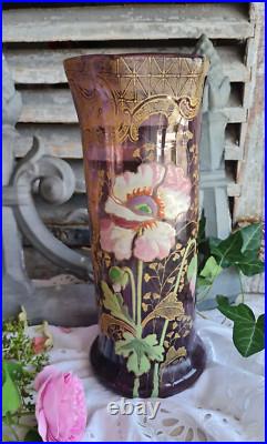 Ancien Vase En Verre Violet Legras Decor Emaille De Fleurs Pavots Art Nouveau