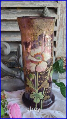 Ancien Vase En Verre Violet Legras Decor Emaille De Fleurs Pavots Art Nouveau