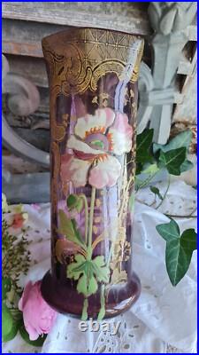 Ancien Vase En Verre Violet Legras Decor Emaille De Fleurs Pavots Art Nouveau
