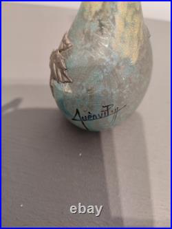 Ancien Vase Soliflore Pate de Verre Décor Relief en Etain Signé 1900