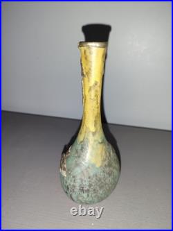 Ancien Vase Soliflore Pate de Verre Décor Relief en Etain Signé 1900