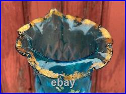 Ancien Vase Souffle Emaille Bleu Decor Fleurs Relief Legras