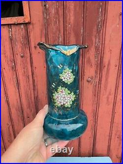 Ancien Vase Souffle Emaille Bleu Decor Fleurs Relief Legras
