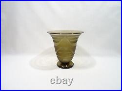 Ancien Vase Tulipe Schneider Art Deco Verre Fume Decor Geometrique