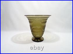Ancien Vase Tulipe Schneider Art Deco Verre Fume Decor Geometrique
