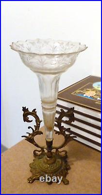 Ancien grand vase Bronze Cristal Tulipier Soliflore 32cm Centre de table Cornet