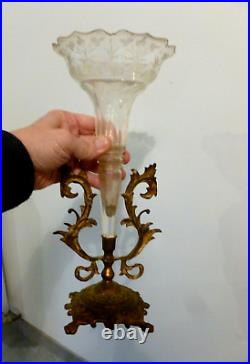 Ancien grand vase Bronze Cristal Tulipier Soliflore 32cm Centre de table Cornet