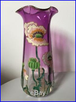 Ancien vase Legras modèle aux pavots, verre émaillée violet