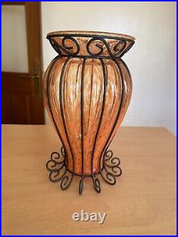 Ancien vase en verre et fer forgé motif Clichy MITRANI Deco vintage