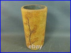 Ancien vase fleur en céramique signé décor feuilles d'arbre automne design 20ème