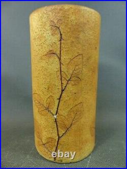 Ancien vase fleur en céramique signé décor feuilles d'arbre automne design 20ème