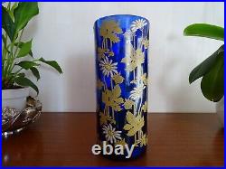 Ancien vase rouleau Legras bleu cobalt émaillé fleurs marguerites 24 cm TBE