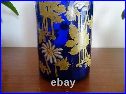 Ancien vase rouleau Legras bleu cobalt émaillé fleurs marguerites 24 cm TBE