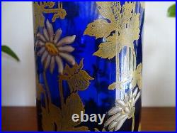 Ancien vase rouleau Legras bleu cobalt émaillé fleurs marguerites 24 cm TBE