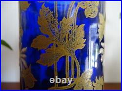 Ancien vase rouleau Legras bleu cobalt émaillé fleurs marguerites 24 cm TBE