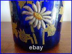 Ancien vase rouleau Legras bleu cobalt émaillé fleurs marguerites 24 cm TBE