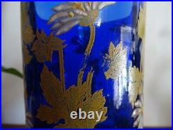 Ancien vase rouleau Legras bleu cobalt émaillé fleurs marguerites 24 cm TBE