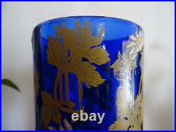 Ancien vase rouleau Legras bleu cobalt émaillé fleurs marguerites 24 cm TBE