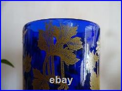 Ancien vase rouleau Legras bleu cobalt émaillé fleurs marguerites 24 cm TBE