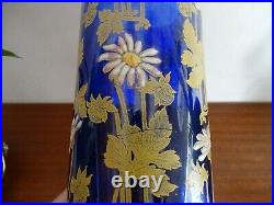 Ancien vase rouleau Legras bleu cobalt émaillé fleurs marguerites 24 cm TBE