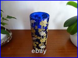 Ancien vase rouleau Legras bleu cobalt émaillé fleurs marguerites 24 cm TBE