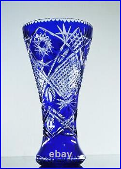 Ancienne Grand Vase Cristal Double Couleur Bleu Massif Taille Lorraine Boheme 35