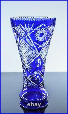 Ancienne Grand Vase Cristal Double Couleur Bleu Massif Taille Lorraine Boheme 35