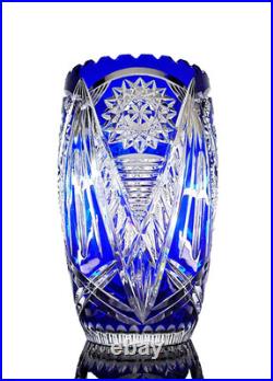 Ancienne Grand Vase En Cristal Double Couche Couleur Bleu Taille Bohème 25cm