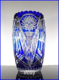 Ancienne Grand Vase En Cristal Double Couche Couleur Bleu Taille Bohème 25cm