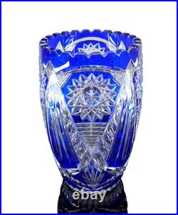 Ancienne Grand Vase En Cristal Double Couche Couleur Bleu Taille Bohème 25cm