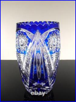 Ancienne Grand Vase En Cristal Double Couche Couleur Bleu Taille Bohème 25cm