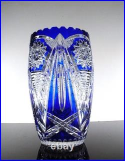 Ancienne Grand Vase En Cristal Double Couche Couleur Bleu Taille Bohème 25cm