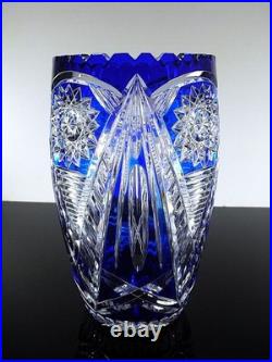 Ancienne Grand Vase En Cristal Double Couche Couleur Bleu Taille Bohème 25cm