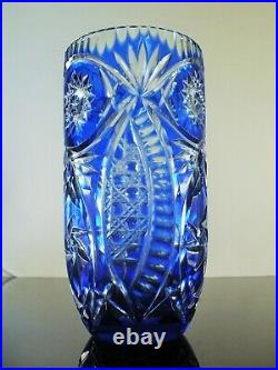 Ancienne Vase Cristal Double Couleur Bleu Grave Dégage L'acide Taille Arnstadt