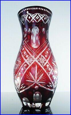 Ancienne Vase Cristal Double Couleur Bordeaux Taille Poli Bohème Avant 1936